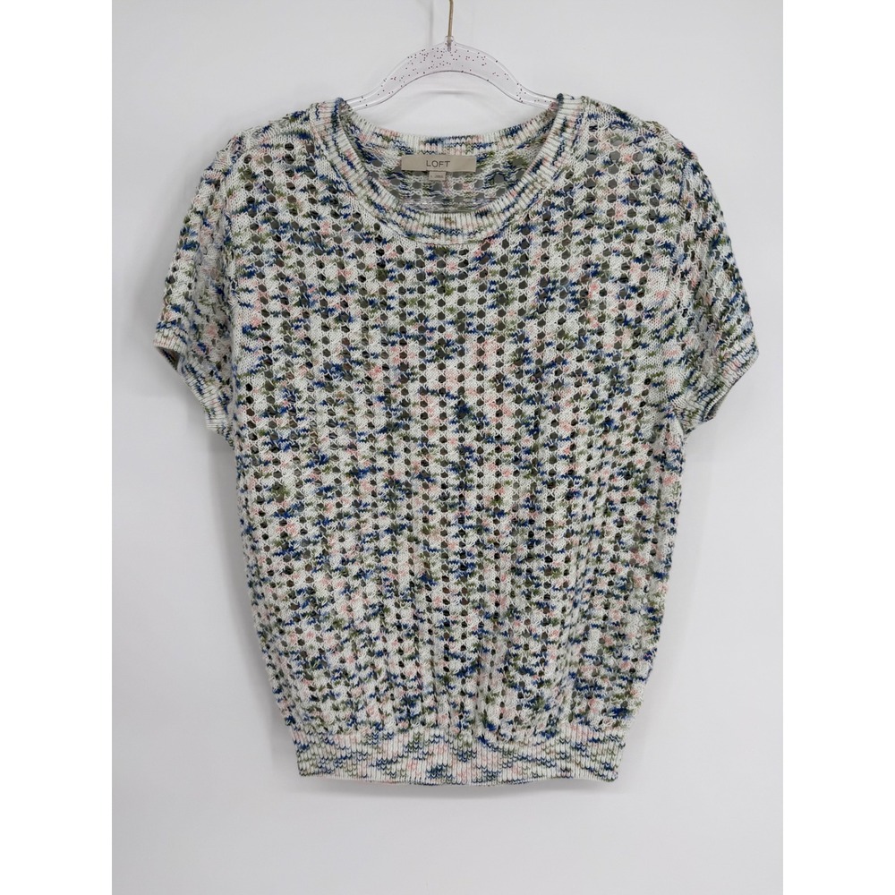 LOFT Womens‎ Space Dye Open Knit Cotton Short Sleeve Sweater Multi-Color Sz L